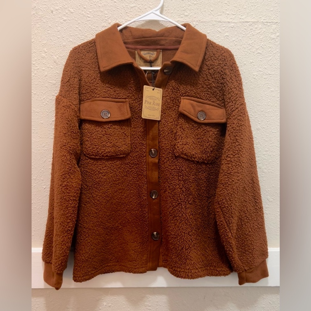 Pink Rose Teddy Button Down Jacket NWT Rusty Brown XS